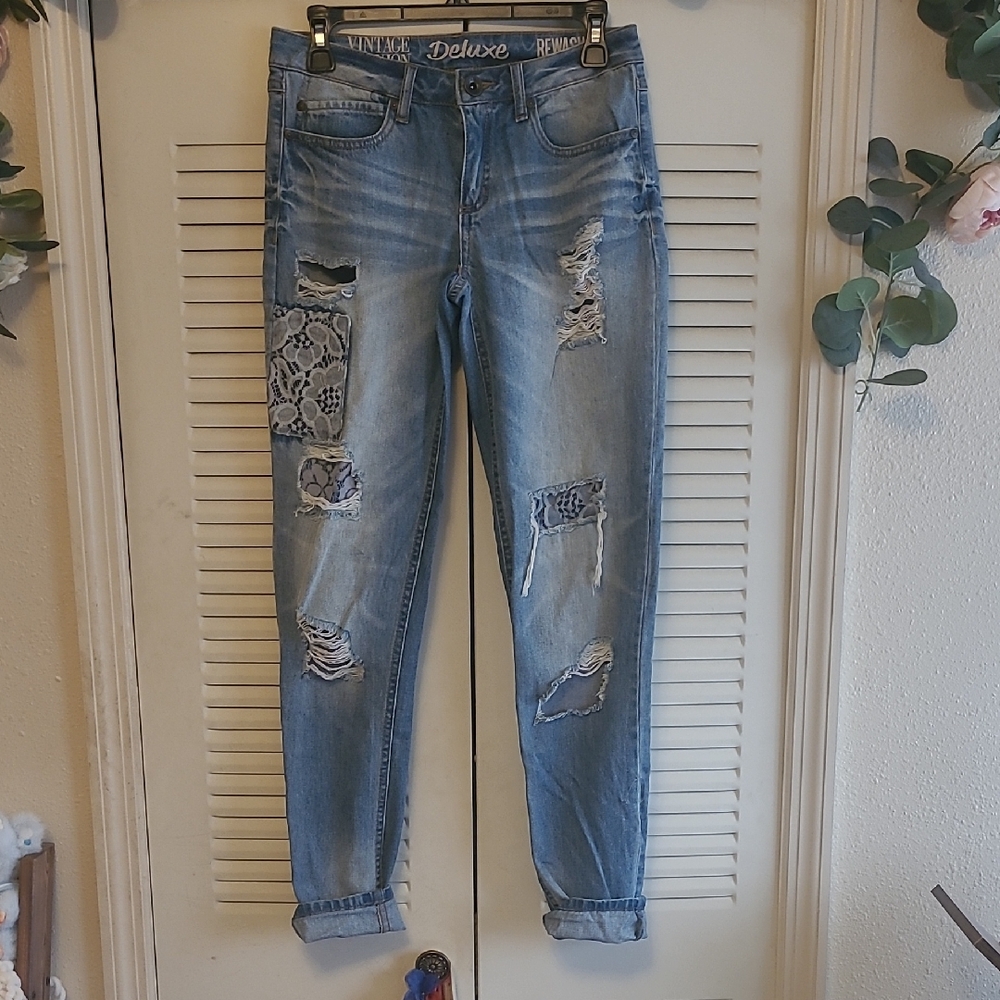 REWASH DELUXE Women's Light Blue Patchwork Boyfriend Jeans.